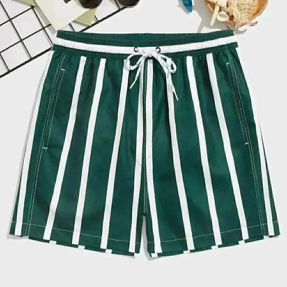 Green Vacation Style Striped Men's Swim Trunks - Picture 1 of 6